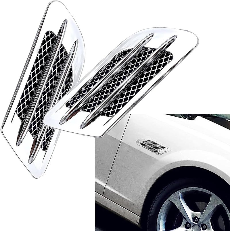 ZKFAR 2 PCS Engine Hood Air Vent Outlet Cover Trim, Car Side Mesh Vent Sticker, 8.6" x 3" Shark Gills Decorative Air Vent, Universal for Most Cars (Silver Plating) - Image 1